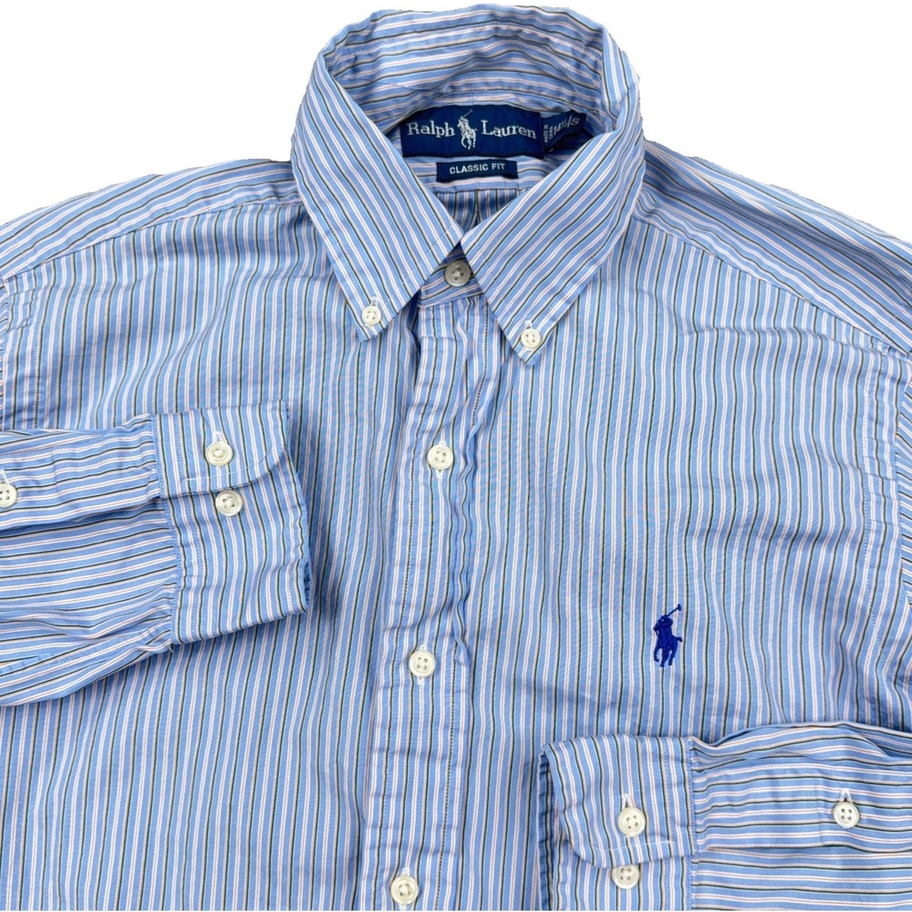 Polo Ralph Lauren Shirt Men Small 14.5 Blue Button Up Striped Classic Fit Poplin